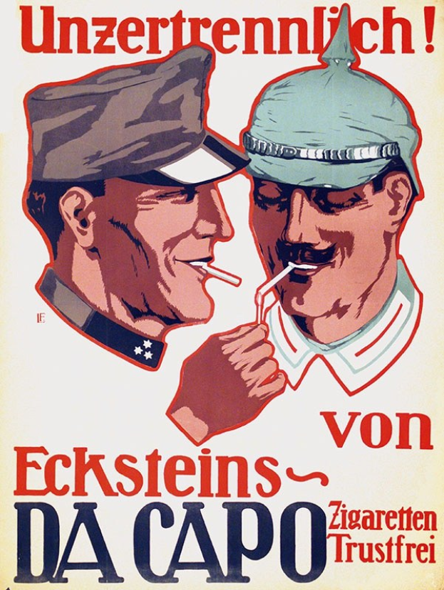 Deutsches Propagandaplakat mit zwei Männern in Mützen, die Zigaretten rauchen, und darunterstehendem Text