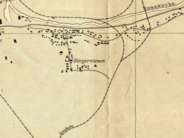 Schwarz-weiß-Karte von Burgerswiesen, Deutschland, mit beschrifteten Straßen und Sehenswürdigkeiten.