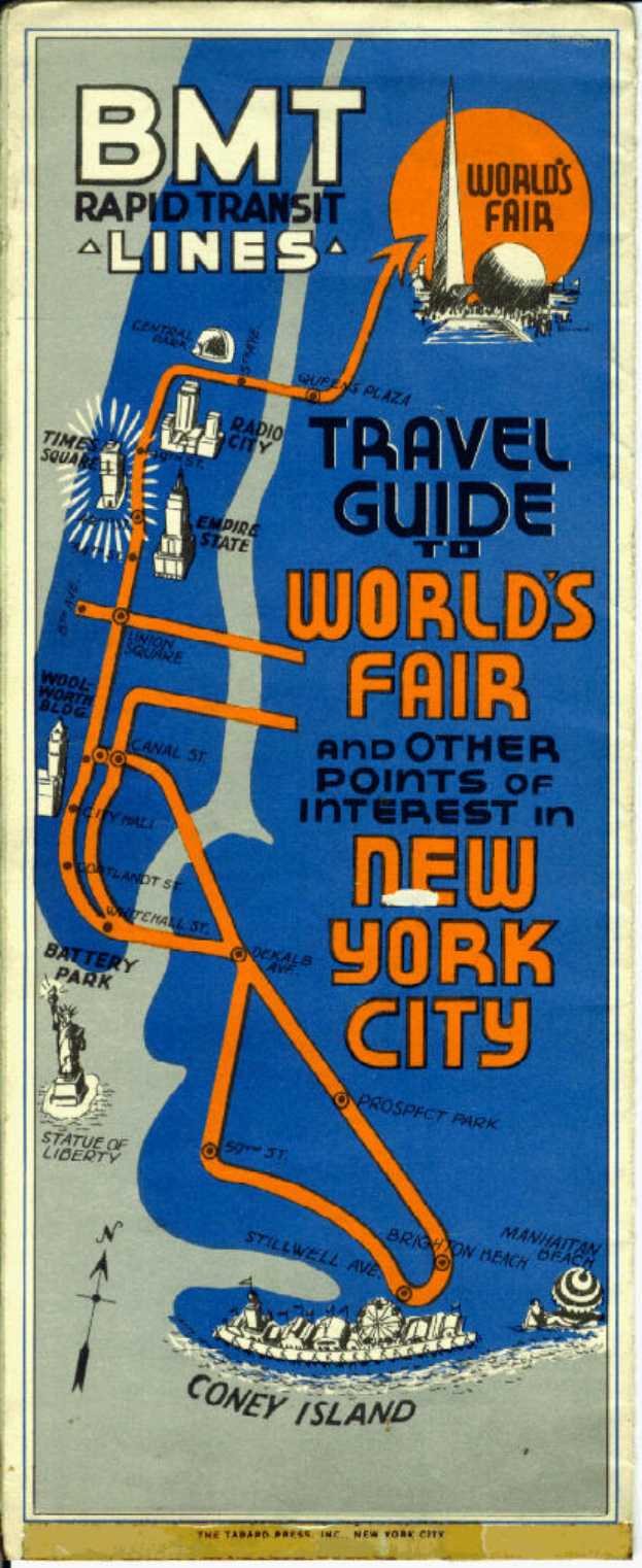 Plakat mit einer Karte der Weltausstellung in New York City, auf dem Text steht, der Informationen zur Ausstellung und ihren Attraktionen enthält.