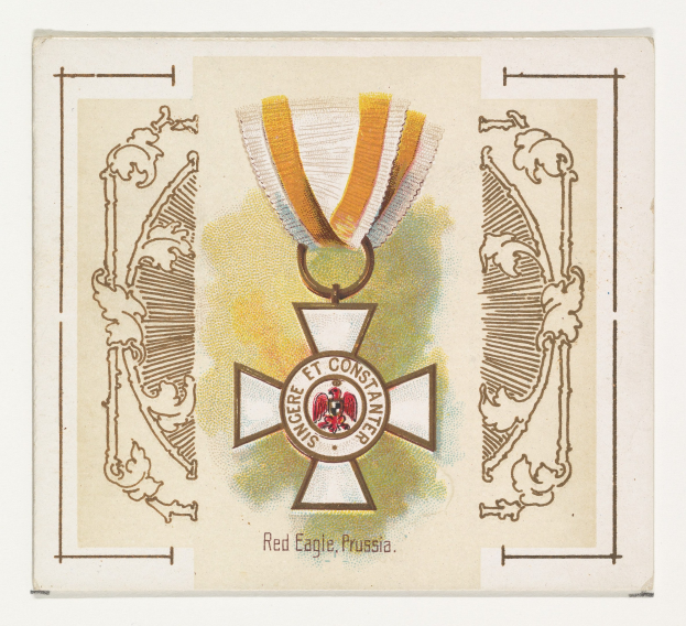 Eine Karte mit einem zentral platzierten Medaillon und umgebendem Text.