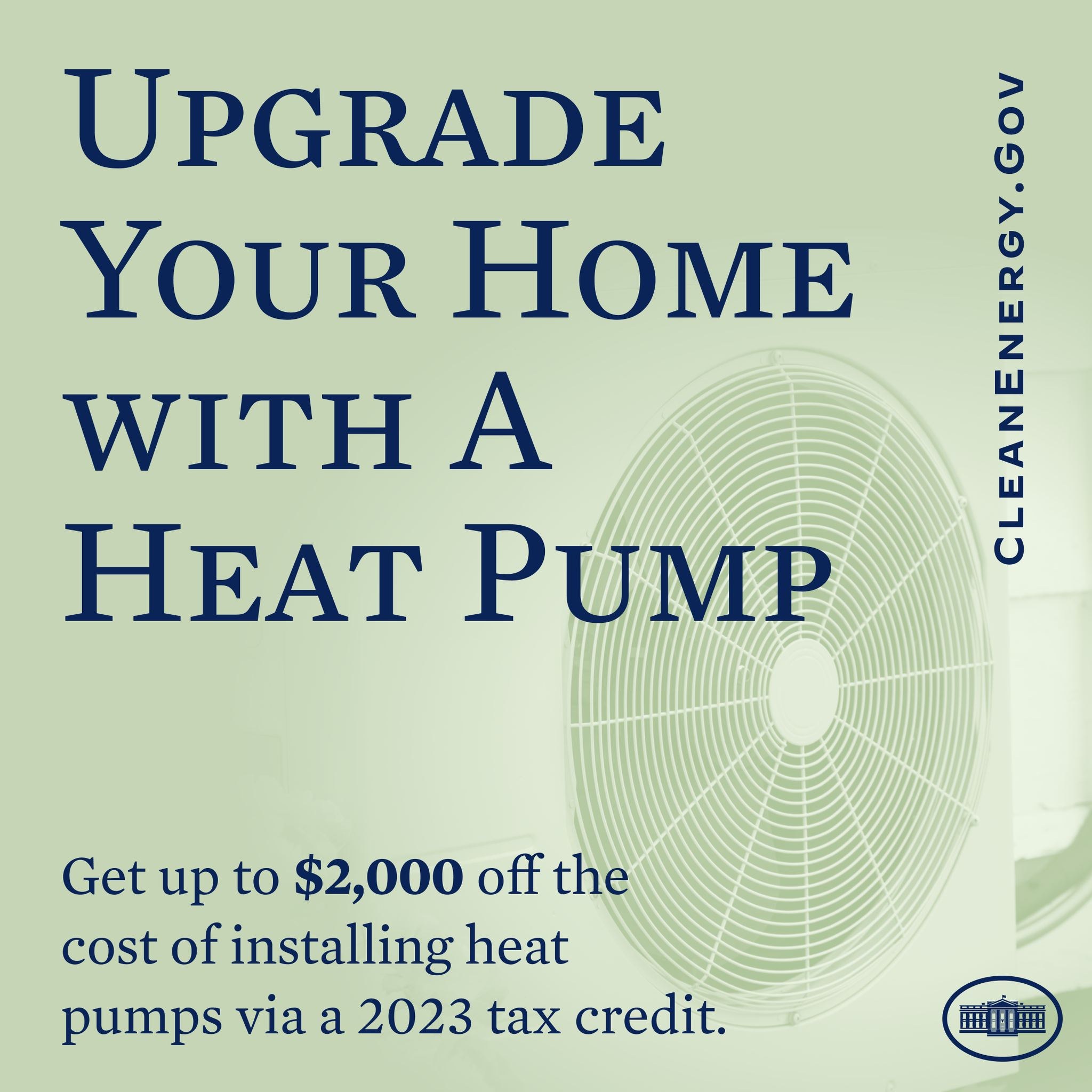 Plakat wirbt für den Austausch von Heizungen gegen eine Wärmepumpe, zeigt ein Bild einer Wärmepumpe und den Text "Upgrade Your Home with a Heat Pump."