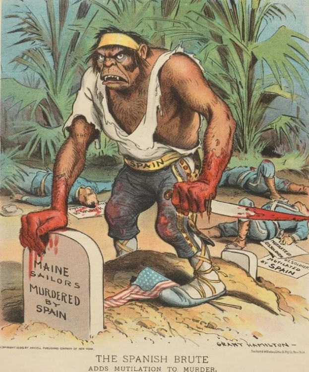 Cartoon eines Mannes mit einem Messer, der über einem Grab mit Text steht, umgeben von liegenden Figuren und Bäumen, mit der Unterschrift "Der spanische Grobian fügt Verstümmelung zum Mord hinzu" unten.