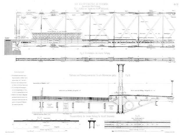 Ein detailliertes Bild einer Brücke mit Text, einschließlich eines Verweises auf die Kaiserbrücke in Bremen.