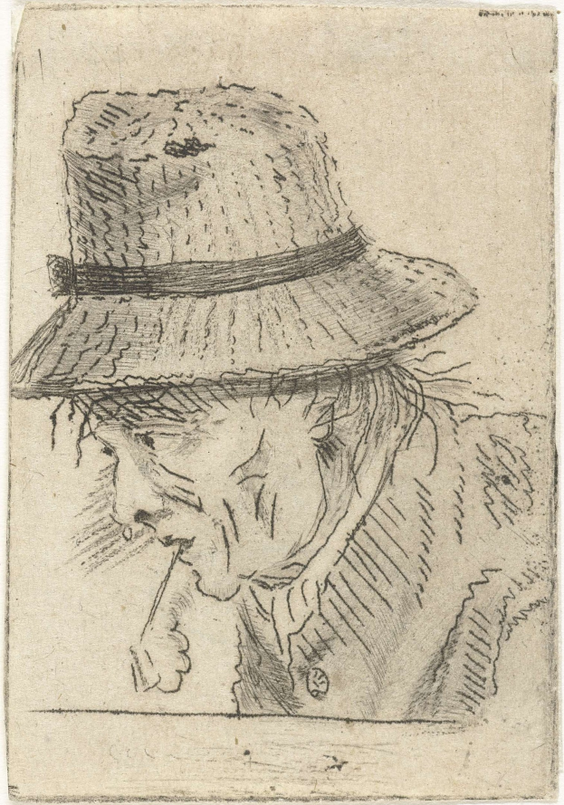 Eine detaillierte Strichzeichnung eines Mannes in einem Strohhut, der eine Zigarette raucht und in die Ferne starrt, mit hellblauem Hintergrund und fettem Text unten.