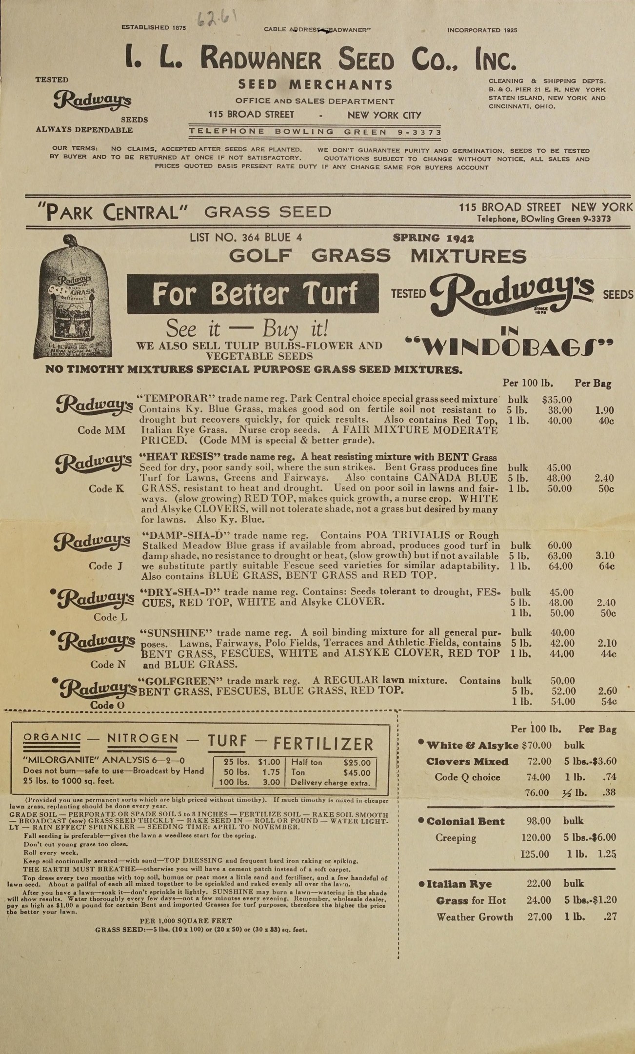 Alte Werbung für Radway's Seed Co. Inc. auf altem Papier mit Text, der die Dienstleistungen des Unternehmens beschreibt.