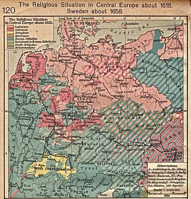 Eine historische Karte von Mitteleuropa aus dem Jahr 1618, mit Text beschriftet, der die religiöse Landschaft der Region beschreibt.