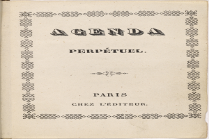 Ein aufgeschlagenes Buch mit den Worten "Agenda Perpetuel Paris" auf dem Cover vor einem weißen Hintergrund.