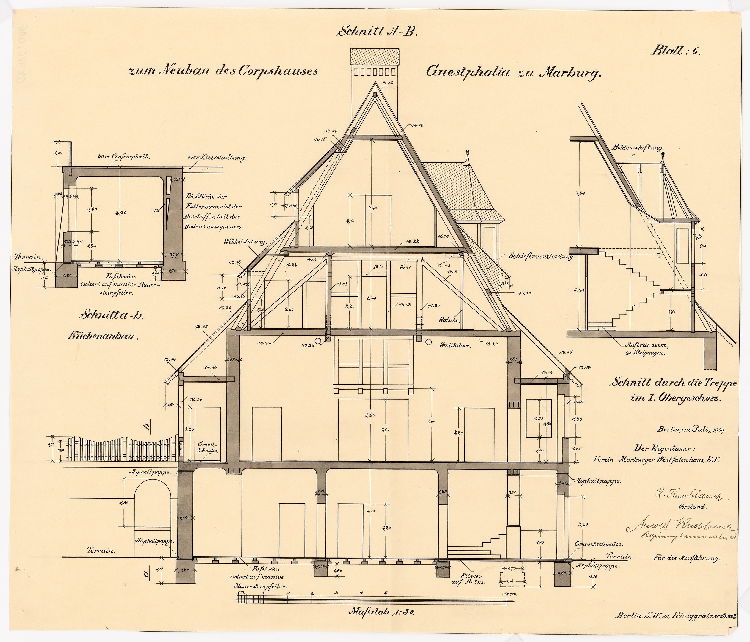 Ein detailliertes architektonisches Zeichnung eines Hauses mit zahlreichen Fenstern und einem Dach, das als erstes Haus in Deutschland gilt, begleitet von Plänen und Text auf Papier.
