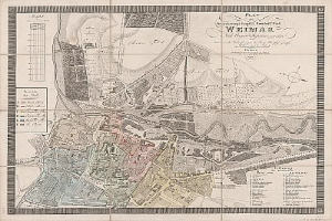 Detailiertes altes Stadtplan von Weimar, Deutschland, zeigt Straßen, Gebäude und Sehenswürdigkeiten mit begleitendem Text zu Bevölkerung und bemerkenswerten Merkmalen.