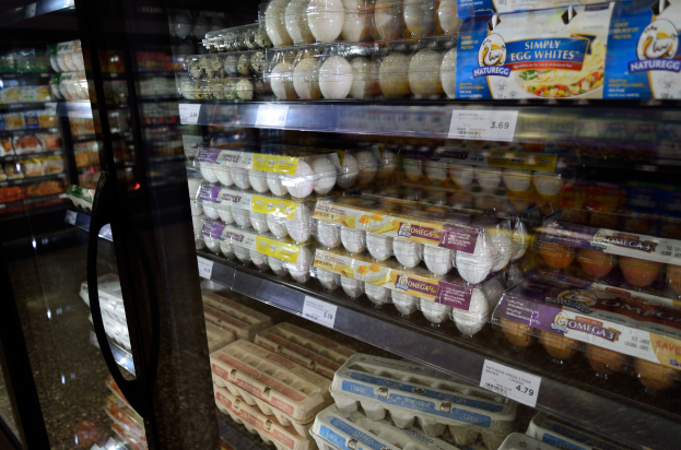 Ein Kühlschrank in einem Supermarkt, der verschiedene Eierarten in ordentlichen Regalen mit angehängten Preisschildern zeigt, vor einem leicht unscharfen Hintergrund.
