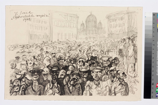 Schwarze und weiße Zeichnung einer Menge, die vor einem hohen Gebäude protestiert, mit einigen Personen, die schreien und gestikulieren, und Farbskalen auf der rechten Seite.