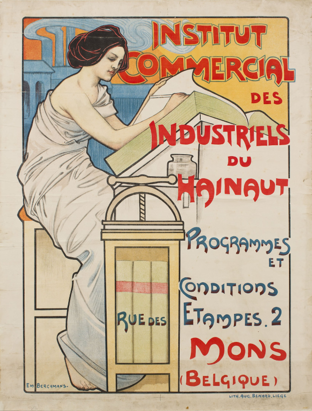 Plakat für das Institut Commercial des Industriels du Hainaut, das eine Frau zeigt, die an einem Tisch sitzt und ein Buch hält, mit Textangaben zu dem Institut.