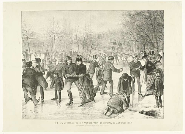 Menschen beim Eislaufen auf einer Eisbahn in einem Park mit Bäumen und einer Brücke im Hintergrund, Text unten lautet "Het us-vermaak in het vondelpark op zondag 10 januar 1887".
