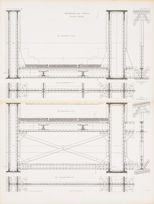 Ausführliches Konstruktionsplan-Detailbild einer Brücke mit beschrifteten Bauelementen wie Balken und Seilen von einer Buchseite.