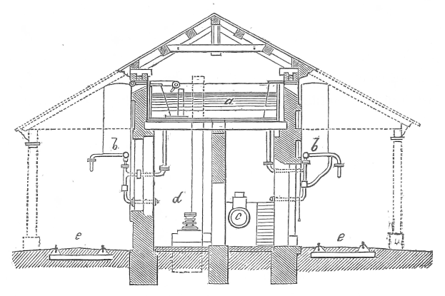 Ein detailliertes technisches Zeichnung eines zylindrischen Wasserheizboilers mit Rohren und Ventilen, das in einem Haus mit umgebenden Wänden zentriert ist.