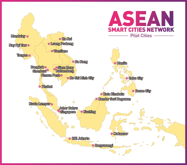 Ein Plakat mit einer detaillierten Karte des ASEAN Smart Cities Network, das seine Pilotstädte und -orte hervorhebt.