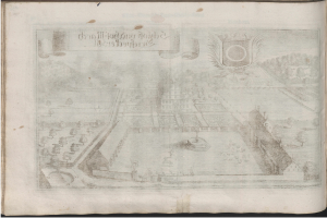 Ein aufgeschlagenes Buch mit einer detaillierten Stadtansicht, die Gebäude, Straßen und andere Merkmale zeigt, begleitet von beschreibendem Text.