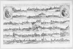 Ein Schwarz-Weiß-Zeichnung von Köln, Deutschland, mit zahlreichen Gebäuden, begleitet von Text und Bildern, die die Geschichte der Stadt erzählen.