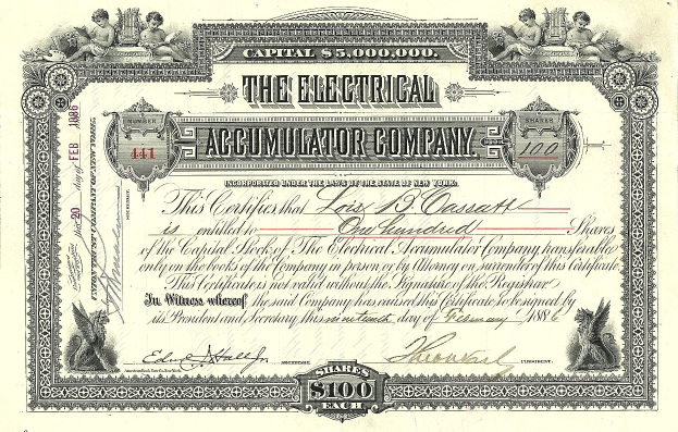 Aktienzertifikat der Electrical Accumulator Company mit detaillierten Designs und Texten, einschließlich des Unternehmensnamens.