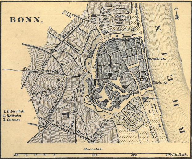 Detailreiches altes Stadtplan von Bonn, Deutschland, zeigt Stra├čen, Geb├Ąude und Sehenswürdigkeiten mit lesbarem Text.