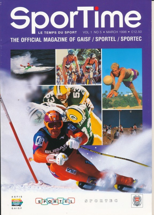 Ein Magazin-Cover mit der Aufschrift "Sporttime Magazine - März 1996", das Bilder von Menschen beim Skifahren und Snowboarden zeigt, zusammen mit Text und Logos.