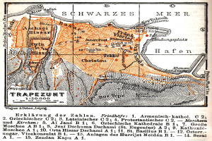 Ein detaillierter alter Stadtplan von Trapezunt, Deutschland, der Straßen, Gebäude, Landmarken und begleitenden Text zeigt, der die Bevölkerung, Straßen und Landmarken der Stadt beschreibt.