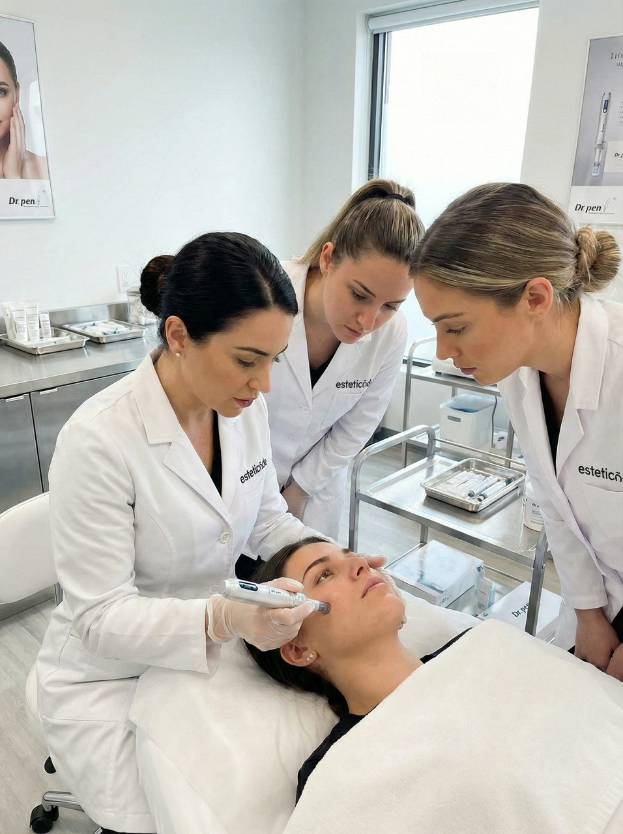 Eine minimalistische Ästhetikpraxis: Drei Fachkräfte in weißen Kitteln führen konzentriert eine professionelle Gesichtsbehandlung durch. Die Szene vermittelt Präzision, Expertise und den Einsatz fortschrittlicher Hautpflegeverfahren in einer klinisch reinen Umgebung.