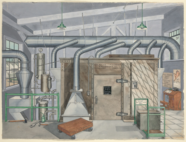 Ein detailliertes Innenansicht-Diagramm einer Fabrik, das eine mittlere große Maschine zeigt, umgeben von verschiedenen Maschinen, Rohren, einer Tür, einem Wagen, einem Tisch, einem Stuhl, einer Anschlagtafel mit der Aufschrift "American Foundry Equipment Co, Indiana", Fenstern und Deckenleuchten.