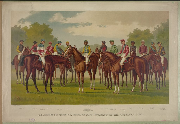 Gruppe von Menschen, die auf einem grünen Feld mit Bäumen und einem hellblauen Himmel reiten, Text unten lautet "Feiernder Siegerpferde und Jockeys der amerikanischen Wiese".