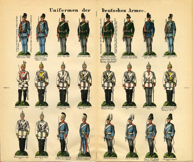 Ein Buch, das bunte deutsche Armee-Uniformen zeigt, mit detaillierten Elementen wie Helmen, Gewehren und Waffen.