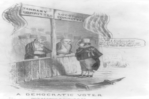 Ein Mann im Anzug steht selbstbewusst vor einer Tür, die mit "Ein demokratischer Wähler" beschriftet ist und sieht entschlossen aus.