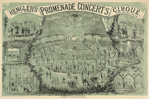 Ein altes Buch mit einer Zeichnung einer vielseitigen Menschenmenge in einem Zirkus, das Text und Zahlen enthält und somit als Konzertplakat identifiziert werden kann.