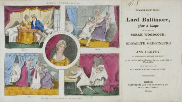 Ein historisches Dokument, das den Prozess von Lord Baltimore wegen Vergewaltigung zeigt, mit Illustrationen von Menschen, Vorhängen und Text.