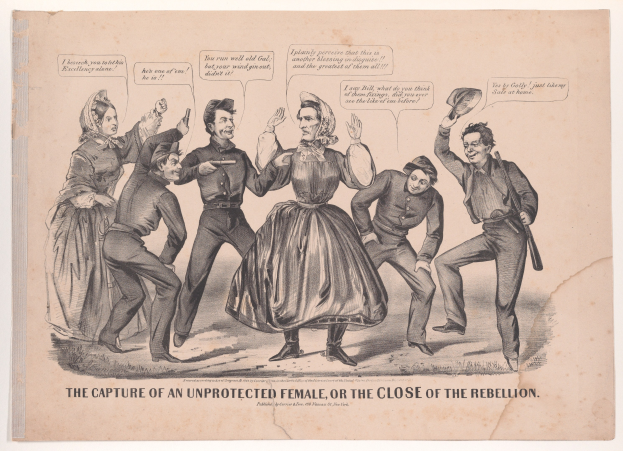 Ein historisches Bild mit dem Titel 'Die Gefangennahme einer ungeschützten Frau oder das Ende der Rebellion', das besorgte Menschen zeigt, von denen einige ängstlich nach oben und andere verzweifelt nach unten schauen.