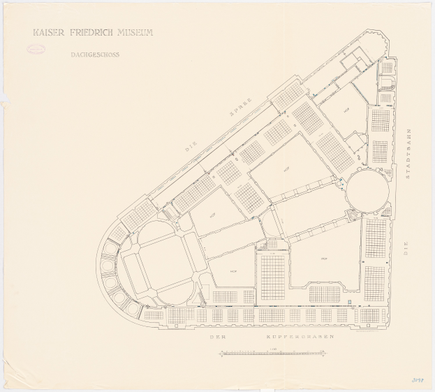 Ein detaillierter Grundriss des Kaiser Friedrich Museums in Dresden, Deutschland, mit beschrifteten Räumen, Fluren und anderen Merkmalen.