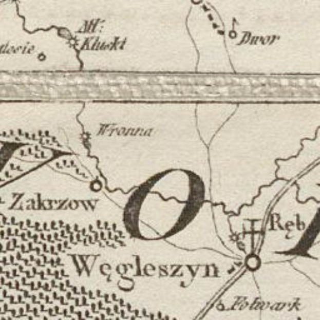 Ausführliche alte Karte von Wegleszyn, Polen, mit Straßen, Gebäuden, Sehenswürdigkeiten und zusätzlichem Stadtinformationstext.