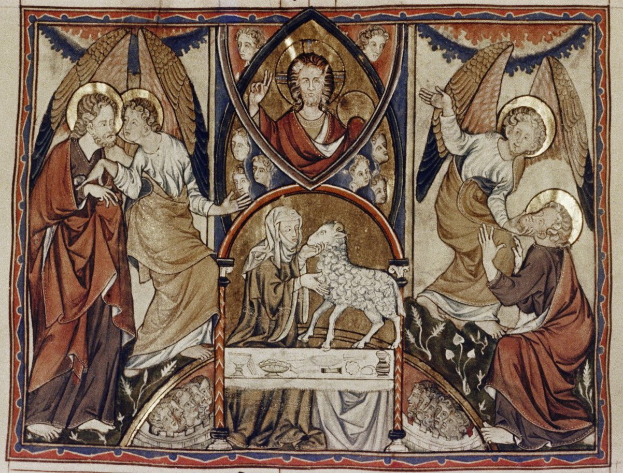 Illuminiertes Manuskript zeigt die Geburt Jesu und Maria Magdalena mit Menschen in traditioneller Kleidung um einen Tisch mit einem zentralen Schaf.