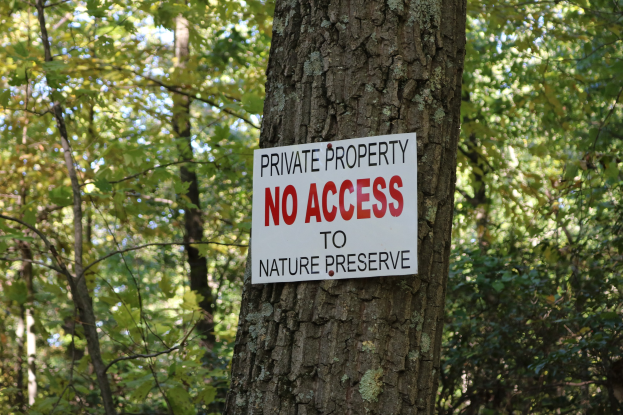 Ein Baum mit einem "Privatgrundstück Kein Zugang zum Naturreservat"-Schild am Stamm, umgeben von vielen Bäumen im Hintergrund.