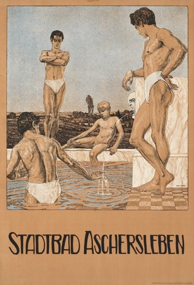 Plakat für ein Schwimmbad in Aschersleben, Deutschland, das Menschen im Wasser zeigt, darunter einen Sitzenden, und Text, der Details über das Schwimmbad und seine Einrichtungen bereitstellt.