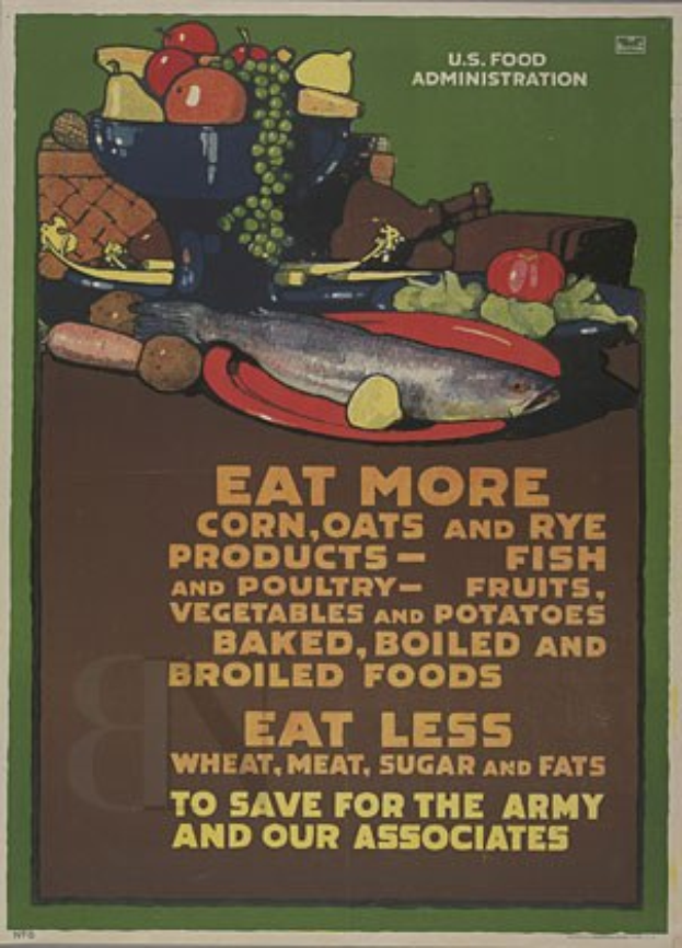 Plakat zur Förderung des Verbrauchs von Mais-, Hafer- und Roggenprodukten, das Bilder von verschiedenen Früchten, Gemüsen und einem Fisch zeigt, mit der Aufschrift "Mehr Mais-, Hafer- und Roggenprodukte essen" oben.