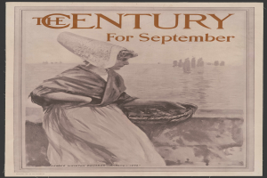 Eine Frau in einem weißen Kleid und einer blauen Schärpe steht mit einem Korb in der Hand, darüber der Text "Das Jahrhundert für September", vor einem tiefblauen sternenklaren Nachthimmel.