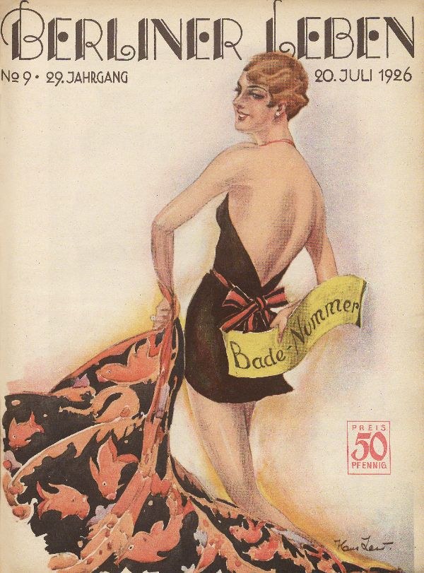 Titelbild der Berliner Leben Zeitschrift aus Juni 1926 mit einer Frau in einem Badeanzug, die ein Tuch hält, und dem Zeitschriftennamen quer darüber
