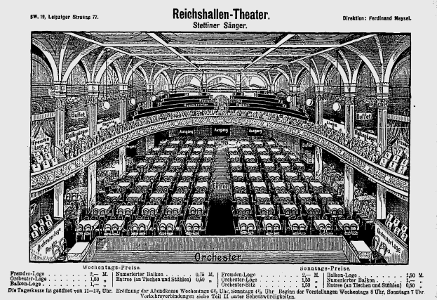 Schwarzes und weißes Architekturzeichnung des Reichshallen Theaters in Berlin, das das Auditorium mit Sitzreihen, Säulen und Decken Details zeigt, einschließlich Text unten.
