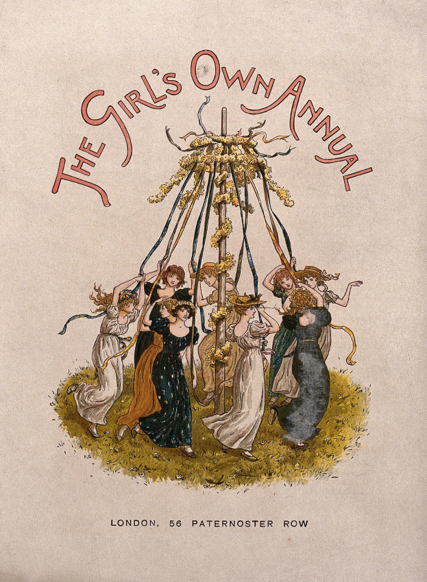 Eine Schwarz-Weiß-Illustration aus "The Girl's Own Annual", die Menschen in bunten Kleidern zeigt, die um einen geschmückten Maibaum tanzen.