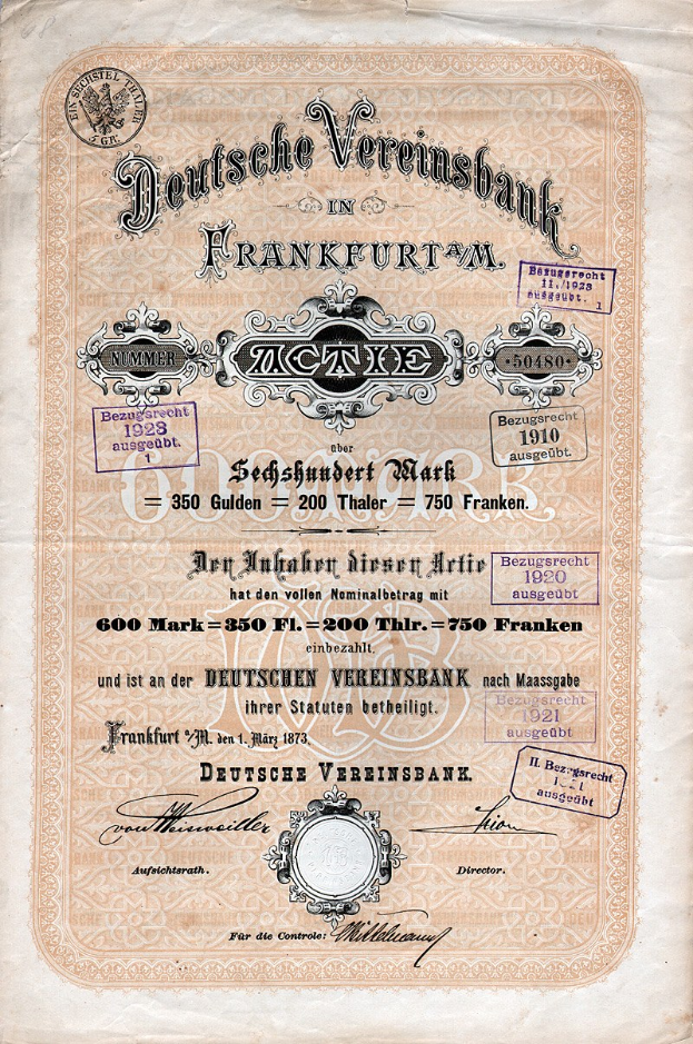 Altes deutsches Aktienzertifikat der Deutschen Vereinsbank in Frankfurt, bedruckt auf Papier mit Text.
