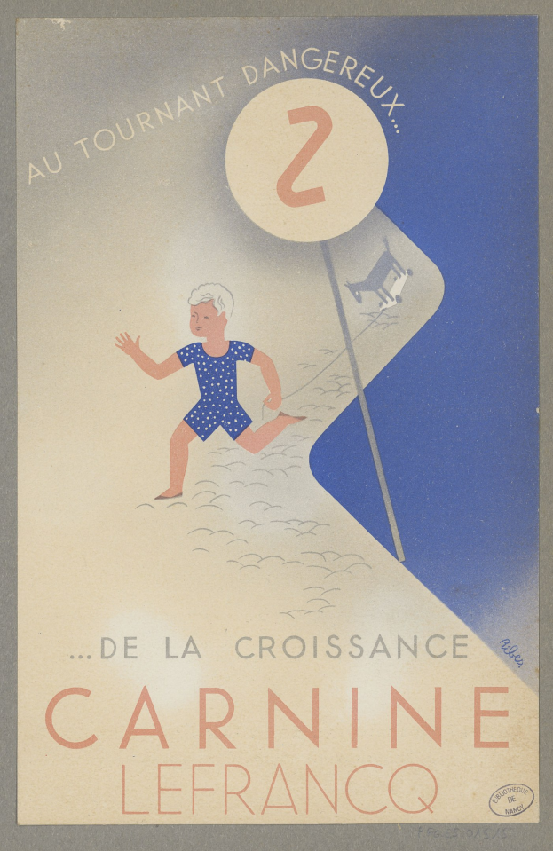 Ein Faschingsplakat in Frankreich mit einer Person in einem hellgelben Kleid, die in der Mitte strahlt, umgeben von schwarzem, fetten Text, der "Fasching" lautet.