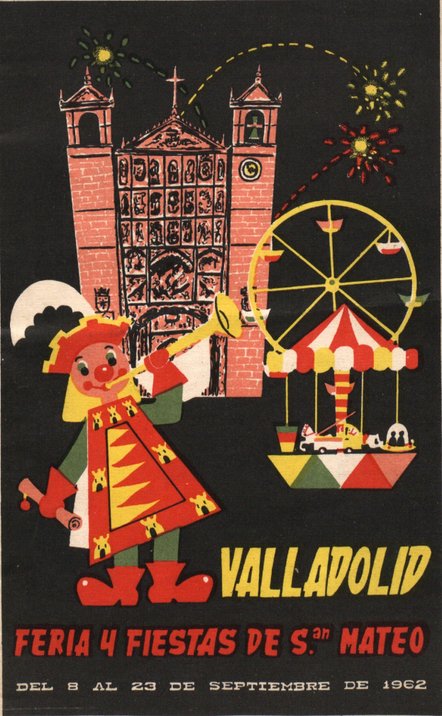 Buntes Karnevalplakat in Valladolid, Spanien, mit einem Gebäude, einem Riesenrad, einem Spielzeug und Text mit festlichem Feeling.