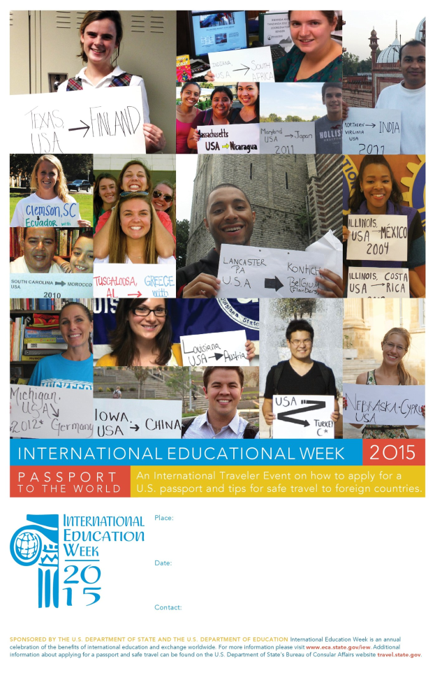 Internationaler Bildungswoche 2015 Plakat mit einer Gruppe von Menschen, die lächeln und Schilder halten.