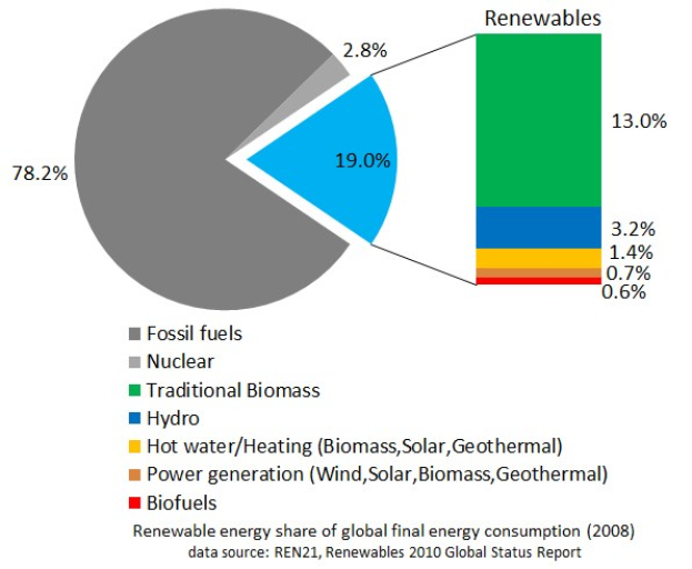 Tortendiagramm, das den globalen Verbrauch von erneuerbaren Energien im Jahr 2008 zeigt, unterteilt in Abschnitte für fossile Brennstoffe, Kernenergie, Hydro, Heißwasserheizung, Biomasse, Solar, Geothermie und Biokraftstoffe.