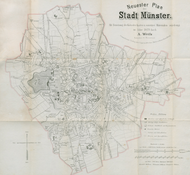 Detailreiches Stadtplan von Münster, Deutschland, aus dem Jahr 1873 mit Textanmerkungen zur Stadtplanung.